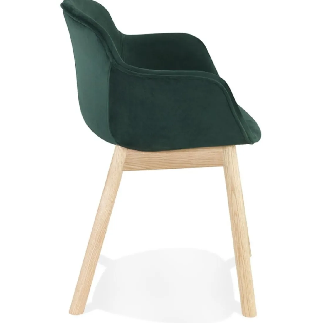Chaise avec accoudoirs 'FRIDA' en velours vert et pieds en bois naturel