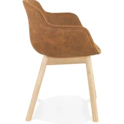 Chaise avec accoudoirs 'RUPERT' en microfibre brune et pieds en bois naturel