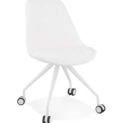 Chaise de bureau sur roulettes 'STEF' en tissu bouclé et métal blanc