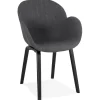 Chaise design avec accoudoirs 'SAMY' en tissu gris et pieds en bois noir