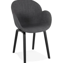 Chaise design avec accoudoirs 'SAMY' en tissu gris et pieds en bois noir