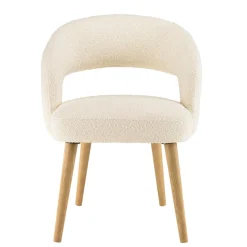 Chaise en tissu bouclette écru, dossier ouvert, pieds en bois PIERRE