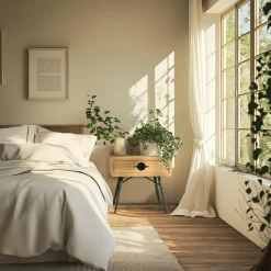 Chevet 1 tiroir en pin couleur naturelle et pieds métal vert HELENA