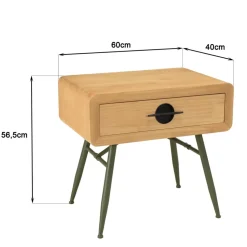 Chevet 1 tiroir en pin couleur naturelle et pieds métal vert HELENA