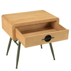 Chevet 1 tiroir en pin couleur naturelle et pieds métal vert HELENA