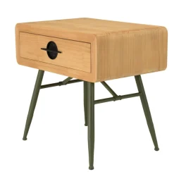 Chevet 1 tiroir en pin couleur naturelle et pieds métal vert HELENA