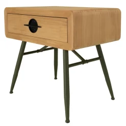 Chevet 1 tiroir en pin couleur naturelle et pieds métal vert HELENA