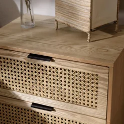 Chevet 2 tiroirs cannage naturel pieds métal noir MARCEAU