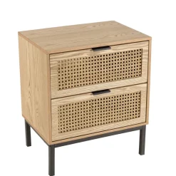 Chevet 2 tiroirs cannage naturel pieds métal noir MARCEAU