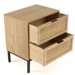 Chevet 2 tiroirs cannage naturel pieds métal noir MARCEAU