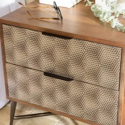 Chevet en bois de manguier 2 tiroirs motifs ethniques dorés ALIX