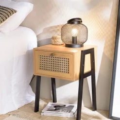 Chevet marron 1 tiroir effet cannage pieds inclinés métal CHARLIE