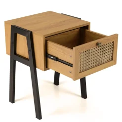 Chevet marron 1 tiroir effet cannage pieds inclinés métal CHARLIE