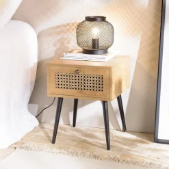 Chevet marron 1 tiroir effet cannage pieds métal noir CHARLIE