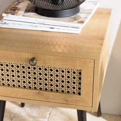 Chevet marron 1 tiroir effet cannage pieds métal noir CHARLIE