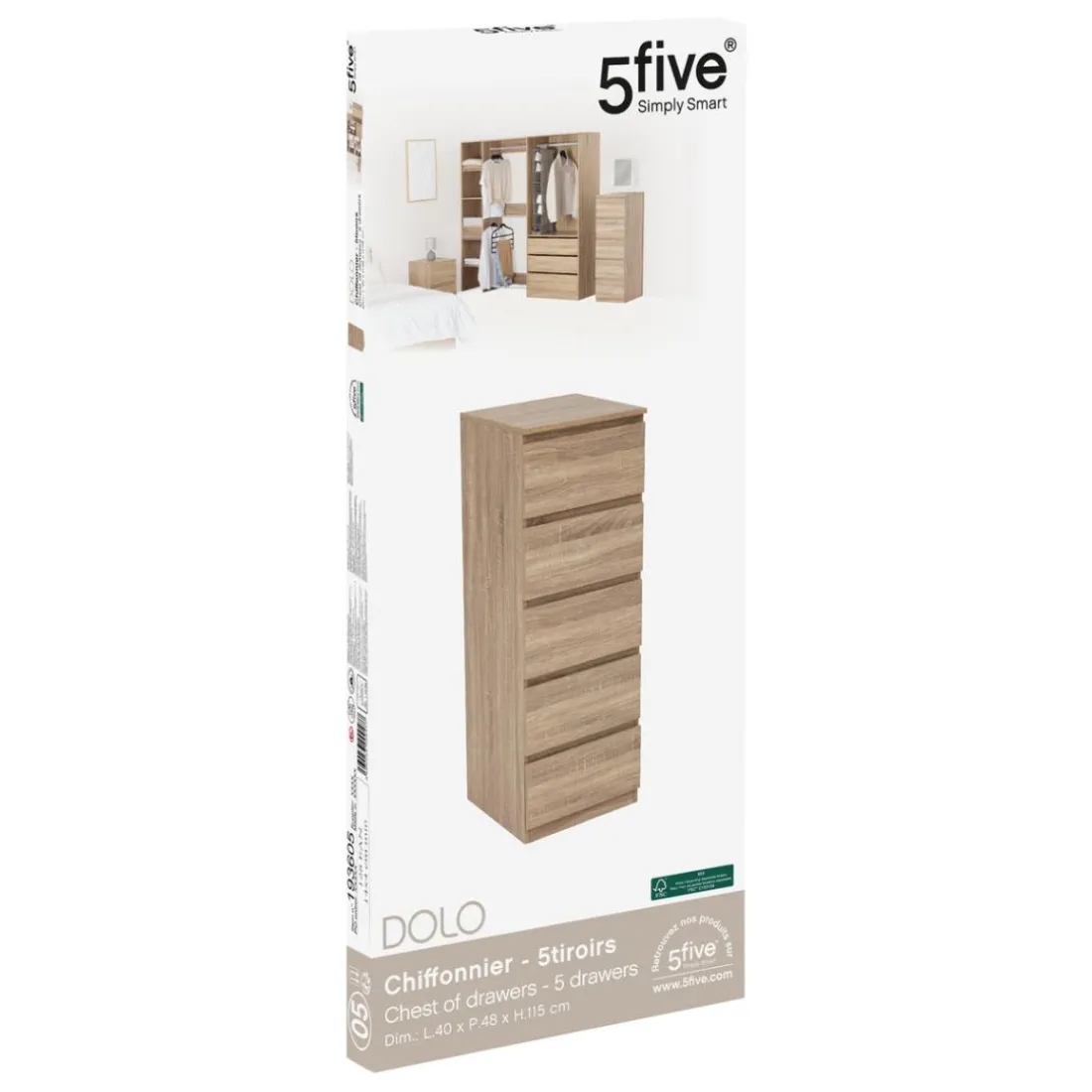 Chiffonier 5 tiroirs effet bois naturel