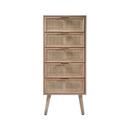 Chiffonnier 5 tiroirs façades en rotin naturel en bois Beige