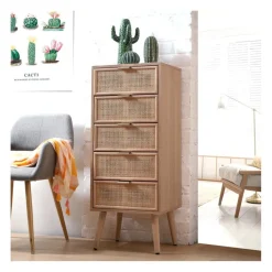 Chiffonnier 5 tiroirs façades en rotin naturel en bois Beige