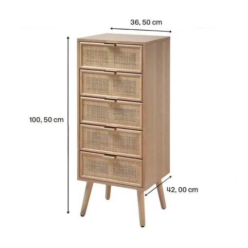 Chiffonnier 5 tiroirs façades en rotin naturel en bois Beige