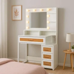 Coiffeuse 4 tiroirs et miroir LED 3 couleurs Miraclas Bois Blanc et Rotin