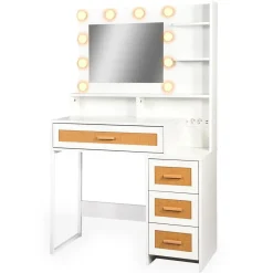 Coiffeuse 4 tiroirs et miroir LED 3 couleurs Miraclas Bois Blanc et Rotin