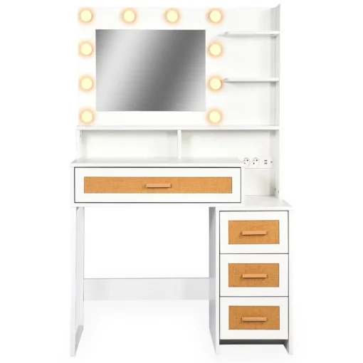 Coiffeuse 4 tiroirs et miroir LED 3 couleurs Miraclas Bois Blanc et Rotin