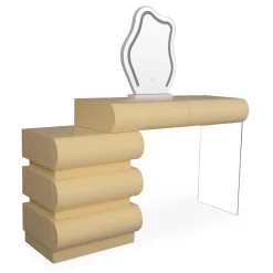 Coiffeuse avec 5 tiroirs arrondis et miroir design Mezade Beige