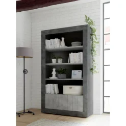 Colonne 3 étagères en bois et 2 portes URBINO oxyde et cement