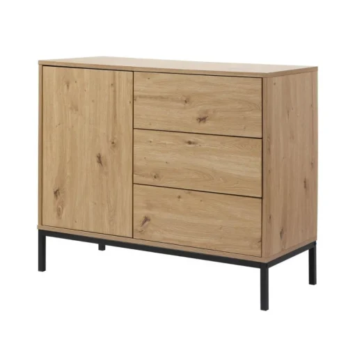 Commode 1 Porte 3 Tiroirs Décor Chêne en bois Beige