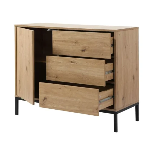 Commode 1 Porte 3 Tiroirs Décor Chêne en bois Beige