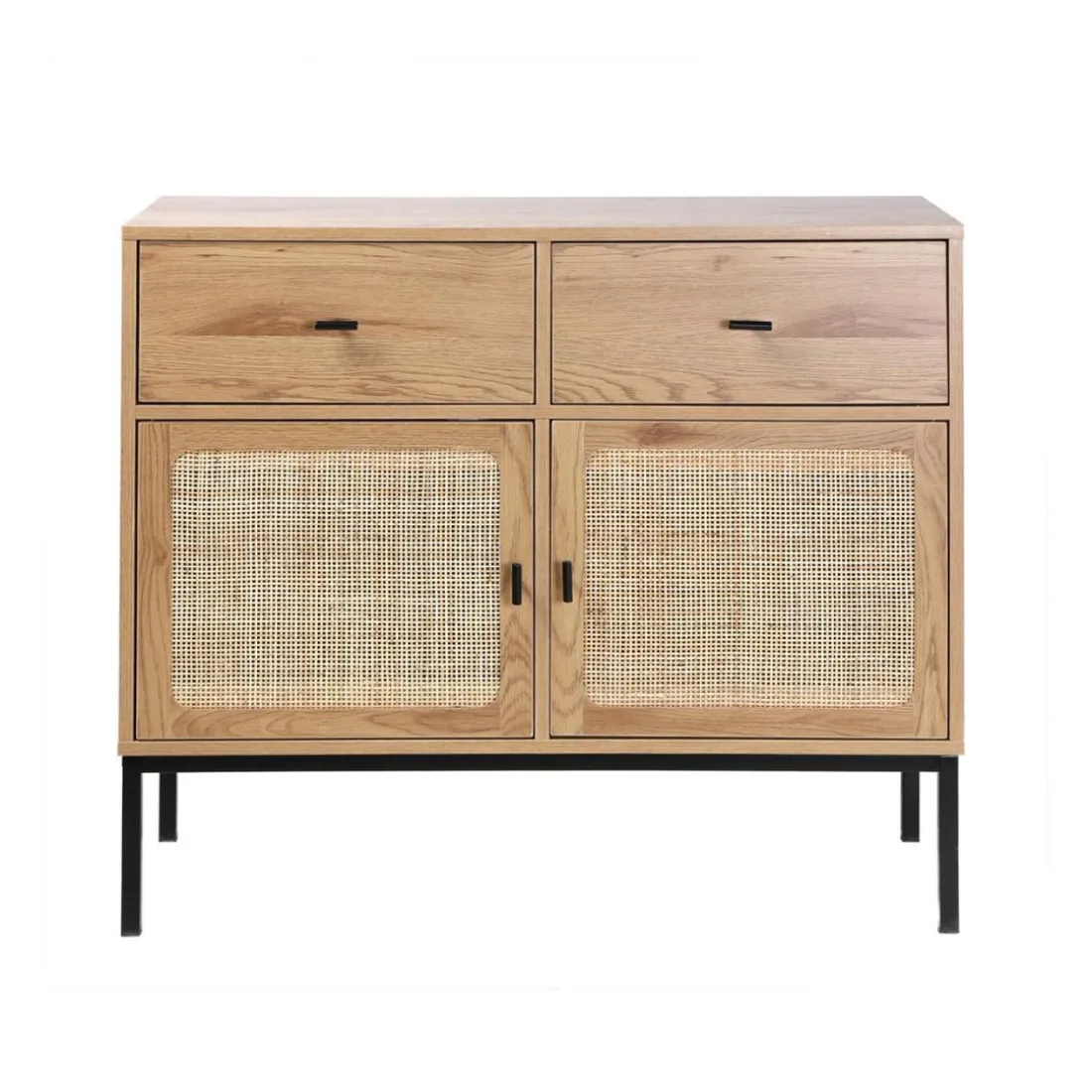 Commode 2 Portes 2 Tiroirs avec Cannage Rotin en bois Beige