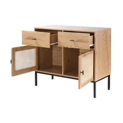 Commode 2 Portes 2 Tiroirs avec Cannage Rotin en bois Beige