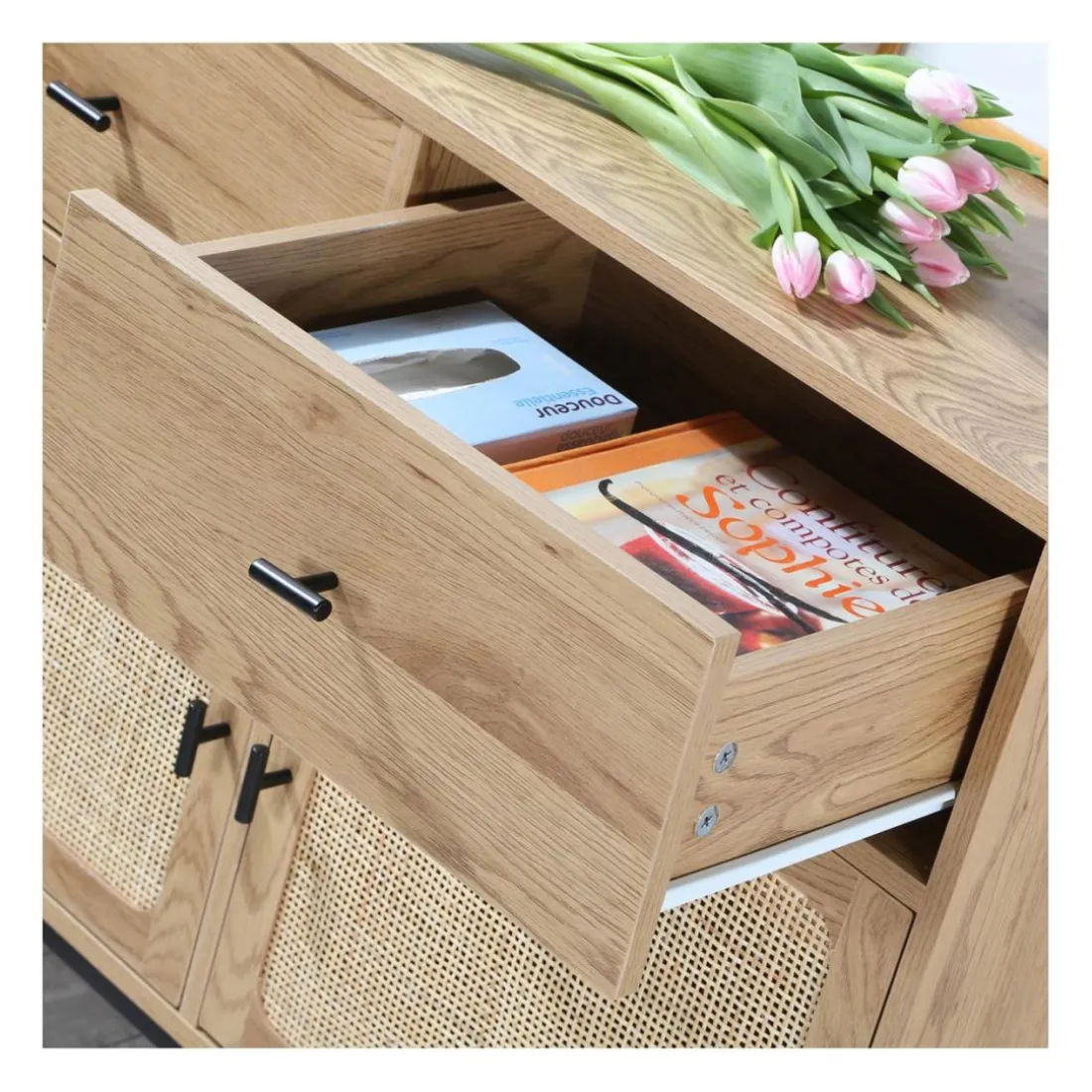 Commode 2 Portes 2 Tiroirs avec Cannage Rotin en bois Beige