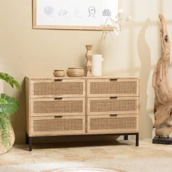 Commode 6 tiroirs cannage naturel pieds métal noir MARCEAU