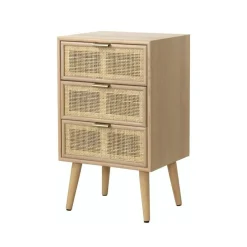 Commode 3 Tiroirs Façade en Cannage Rotin Naturel Beige