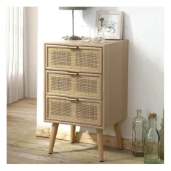 Commode 3 Tiroirs Façade en Cannage Rotin Naturel Beige