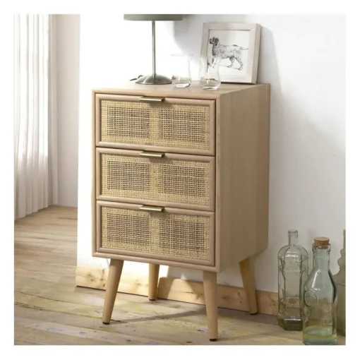 Commode 3 Tiroirs Façade en Cannage Rotin Naturel Beige