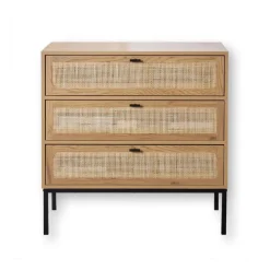 Commode 3 Tiroirs Façade Rotin en bois Beige