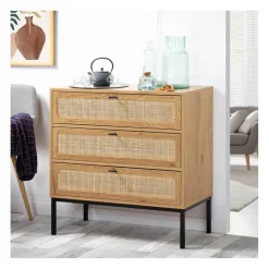 Commode 3 Tiroirs Façade Rotin en bois Beige