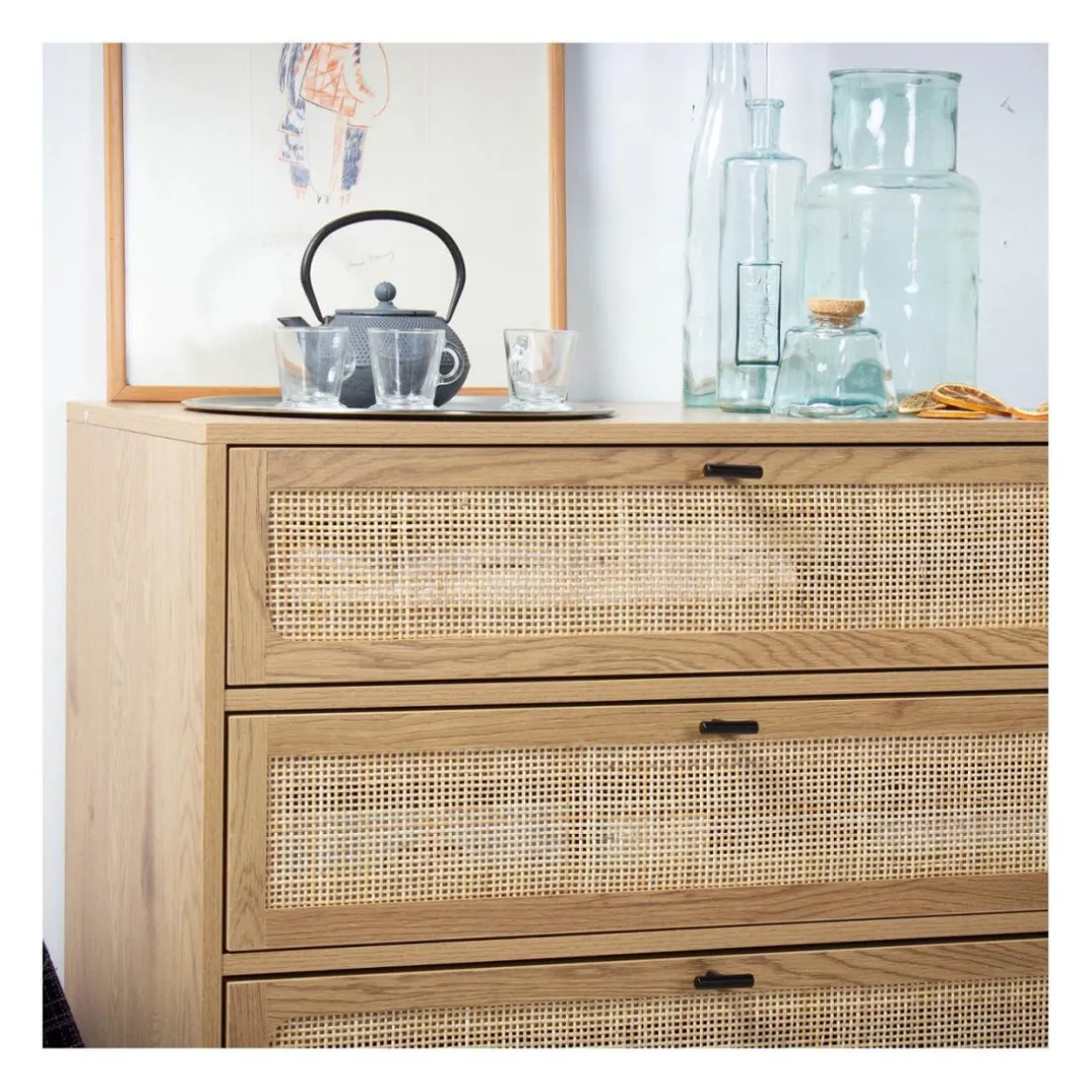 Commode 3 Tiroirs Façade Rotin en bois Beige