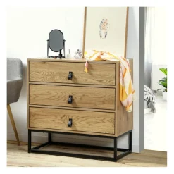 Commode décor chêne 3 tiroirs piétement métal et en bois Beige