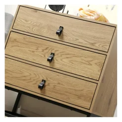 Commode décor chêne 3 tiroirs piétement métal et en bois Beige