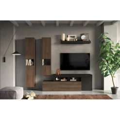 Composition murale meuble TV, étagère et buffets muraux, naturel et gris