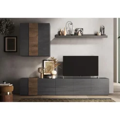 Composition murale meuble TV, étagère et buffet mural gris titan