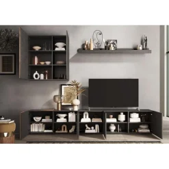 Composition murale meuble TV, étagère et buffet mural gris titan