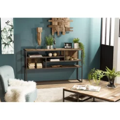 Console 4 niveaux en teck recyclé acacia mahogany métal noir