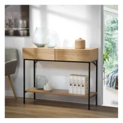 Console 2 Tiroirs 1 Tablette Décor Bois en bois Beige