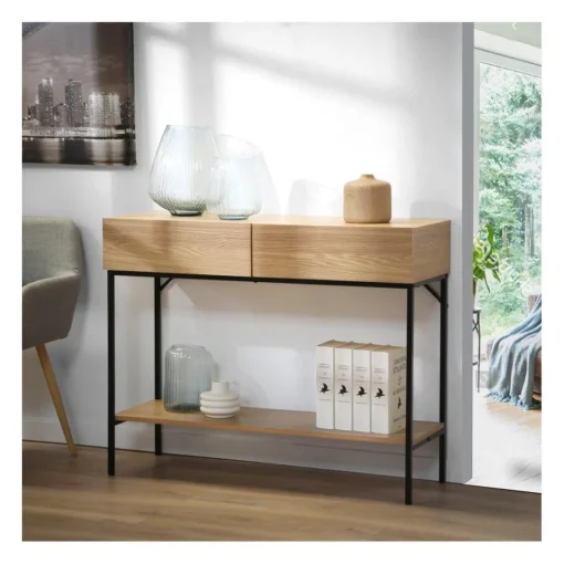 Console 2 Tiroirs 1 Tablette Décor Bois en bois Beige