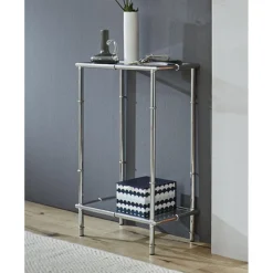 Console chromée avec plateaux en verre trempé transparent et structure en métal