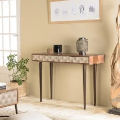 Console en bois de manguier 2 tiroirs motifs ethniques dorés ALIX